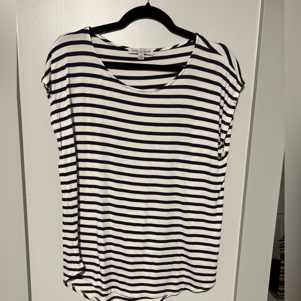Navy and white stripe sleeveless cotton top.